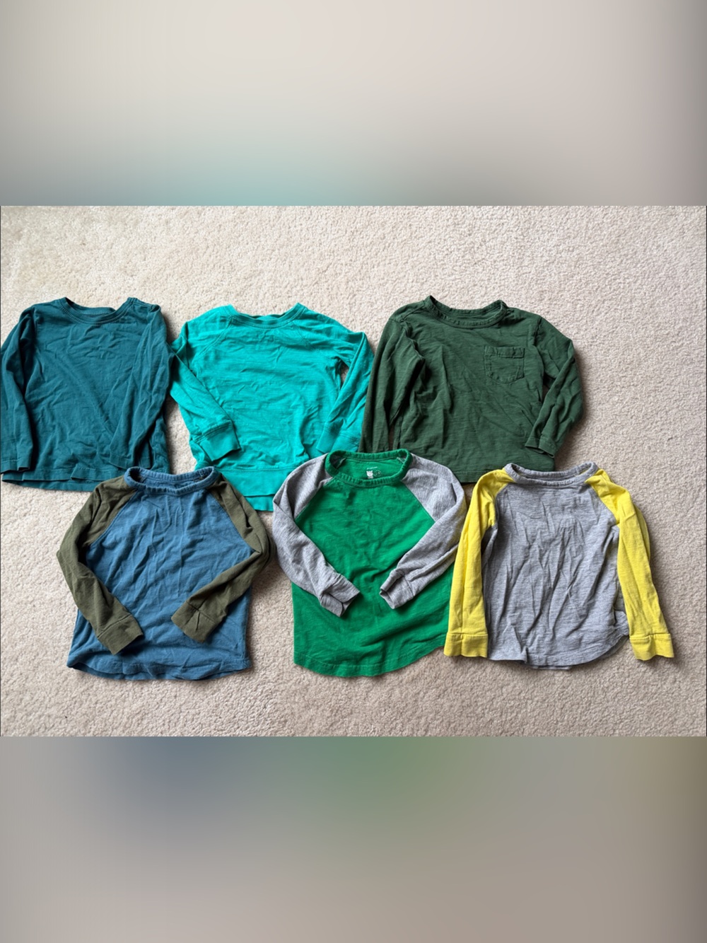 Primary Kids Long-Sleeve Shirt Bundle - Green, Teal, Gray, Yellow 2-3 years